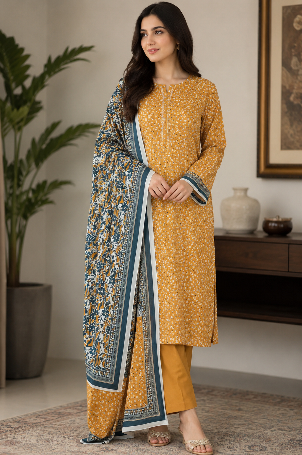 Mustard and olive unstitched Pakistani 3 piece premium lawn suit with printed floral dupatta for women summer collection