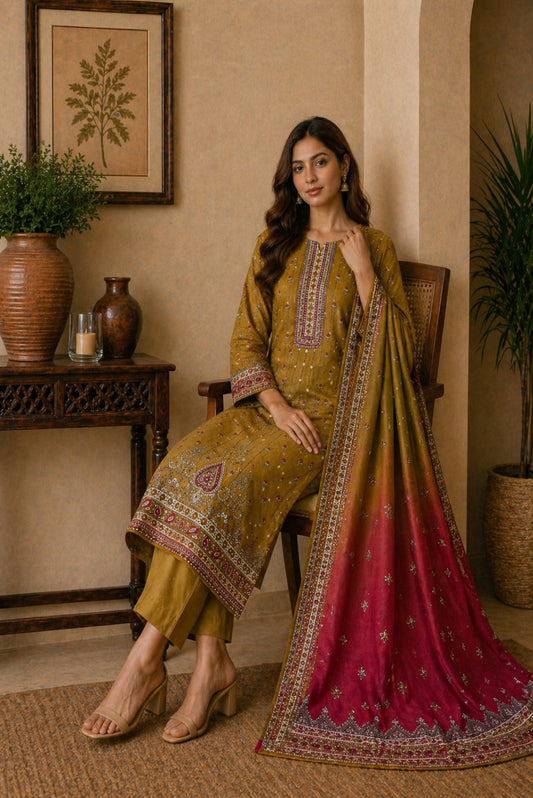 Elegant olive and maroon unstitched premium 3 piece Pakistani lawn suit with printed dupatta and matching trouser.