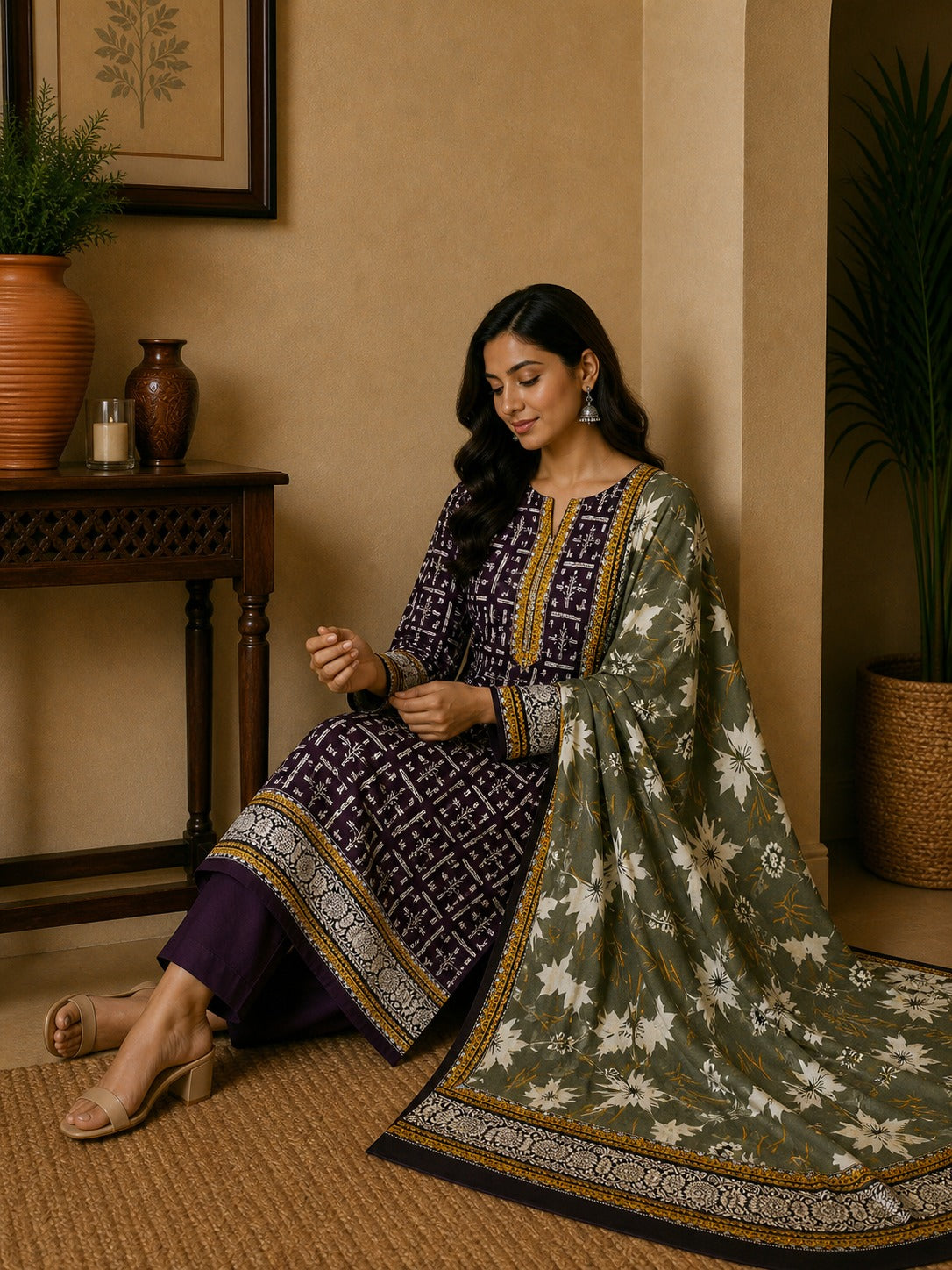 Royal plum and olive unstitched premium 3 piece Pakistani lawn suit with floral dupatta for women