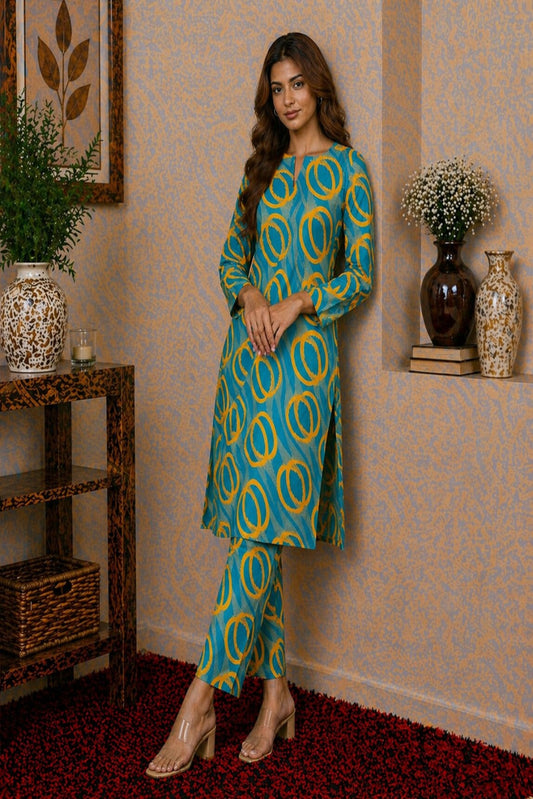 Trendy unstitched women’s lawn suit featuring modern abstract circle patterns and premium fabric