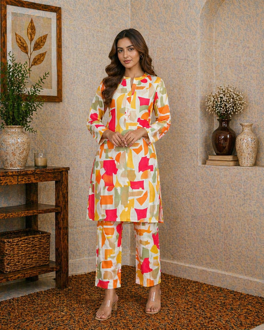 Pakistani unstitched colorful lawn shirt and trouser set with trendy geometric abstract design