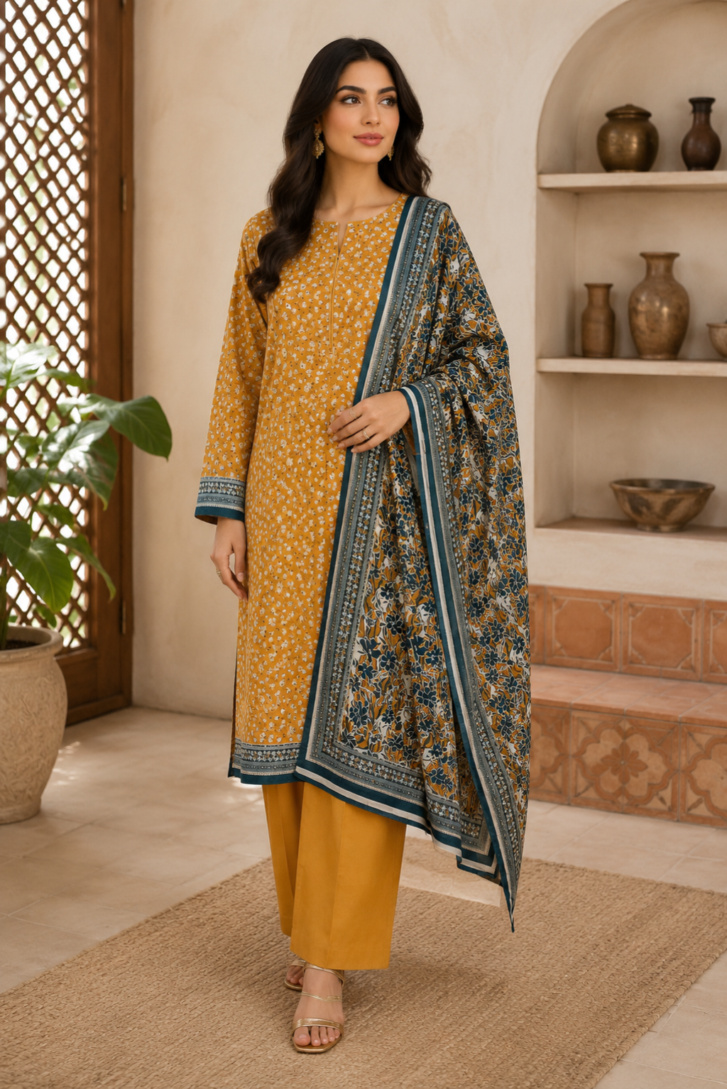 Pakistani floral unstitched lawn suit for summer with matching trouser and stylish printed dupatta