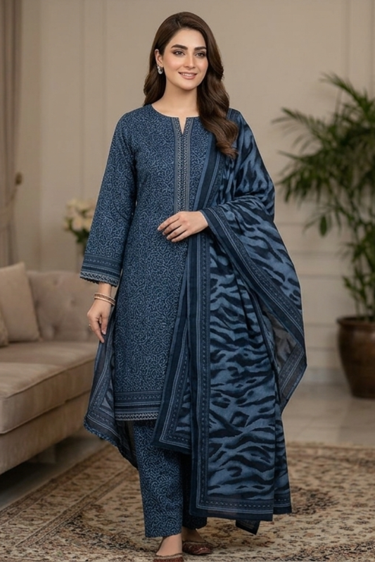 Woman in a blue traditional outfit standing in a room with a couch and plant.
