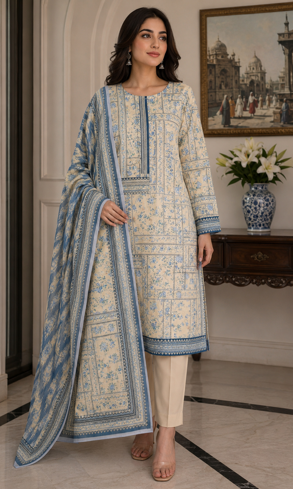 Woman wearing a traditional outfit with a blue and white pattern in an indoor setting.