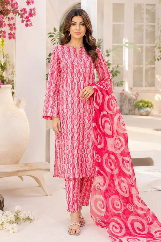 Pakistani ruby pink unstitched 3 piece premium lawn suit featuring printed shirt, matching trouser, and pure chiffon dupatta