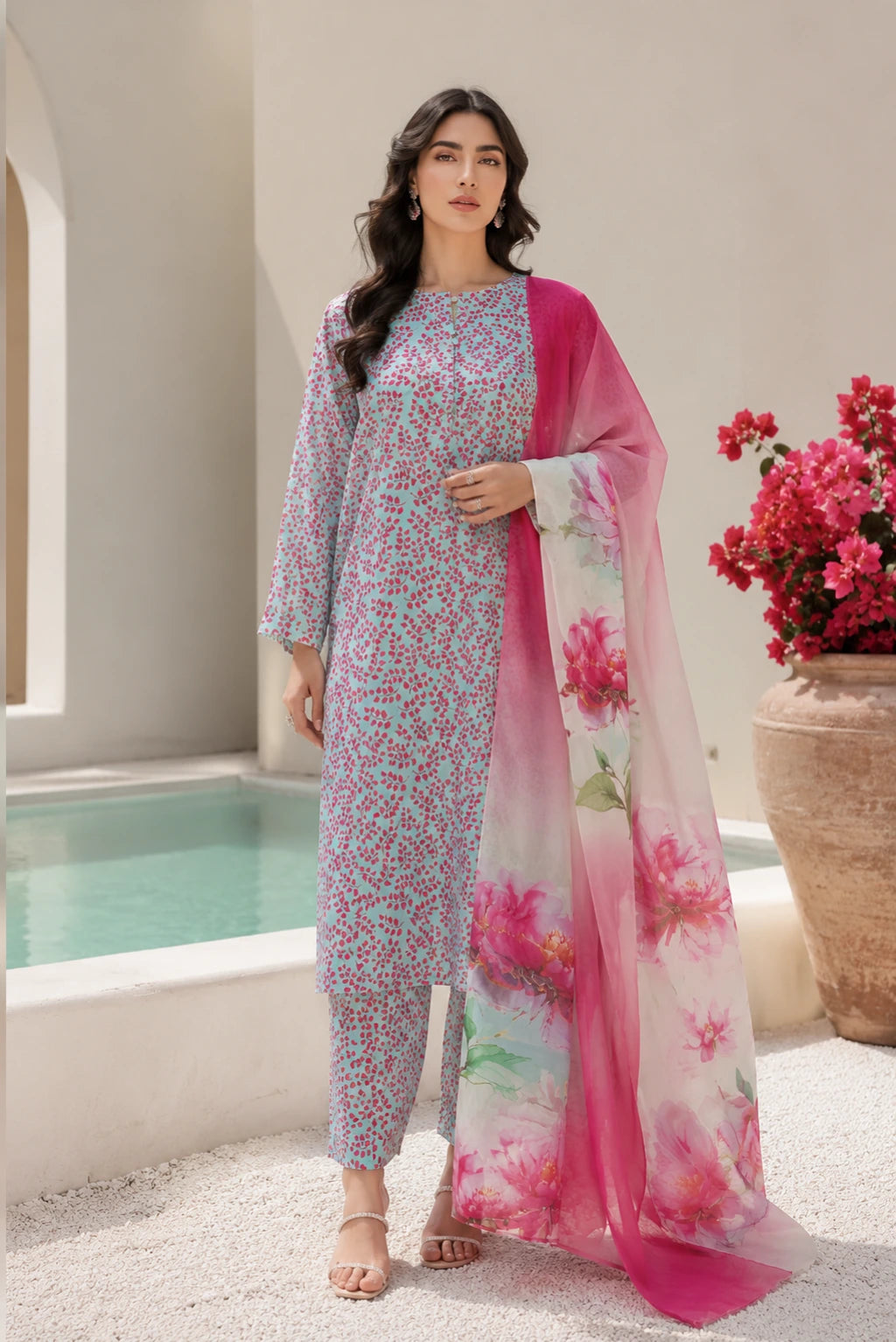 Pakistani summer unstitched 3 piece lawn suit with elegant floral chiffon dupatta and premium lawn fabric by EZEL