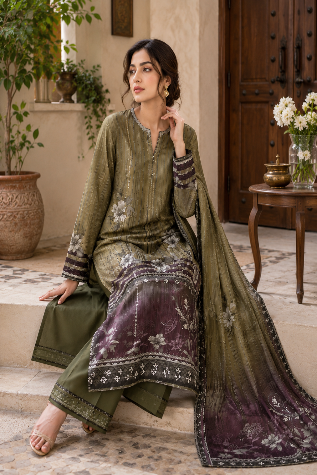 Pakistani unstitched 3 piece olive lawn dress with botanical floral prints, premium lawn fabric, matching trouser and printed dupatta