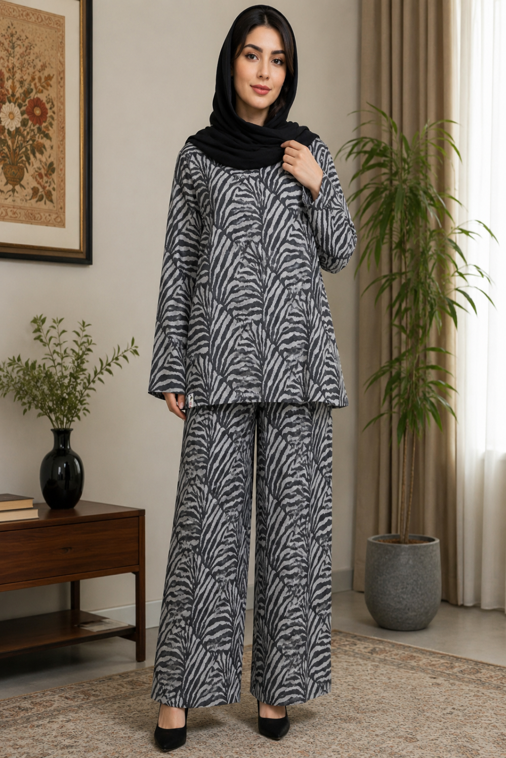 Woman wearing a zebra print outfit in a room with decor elements.