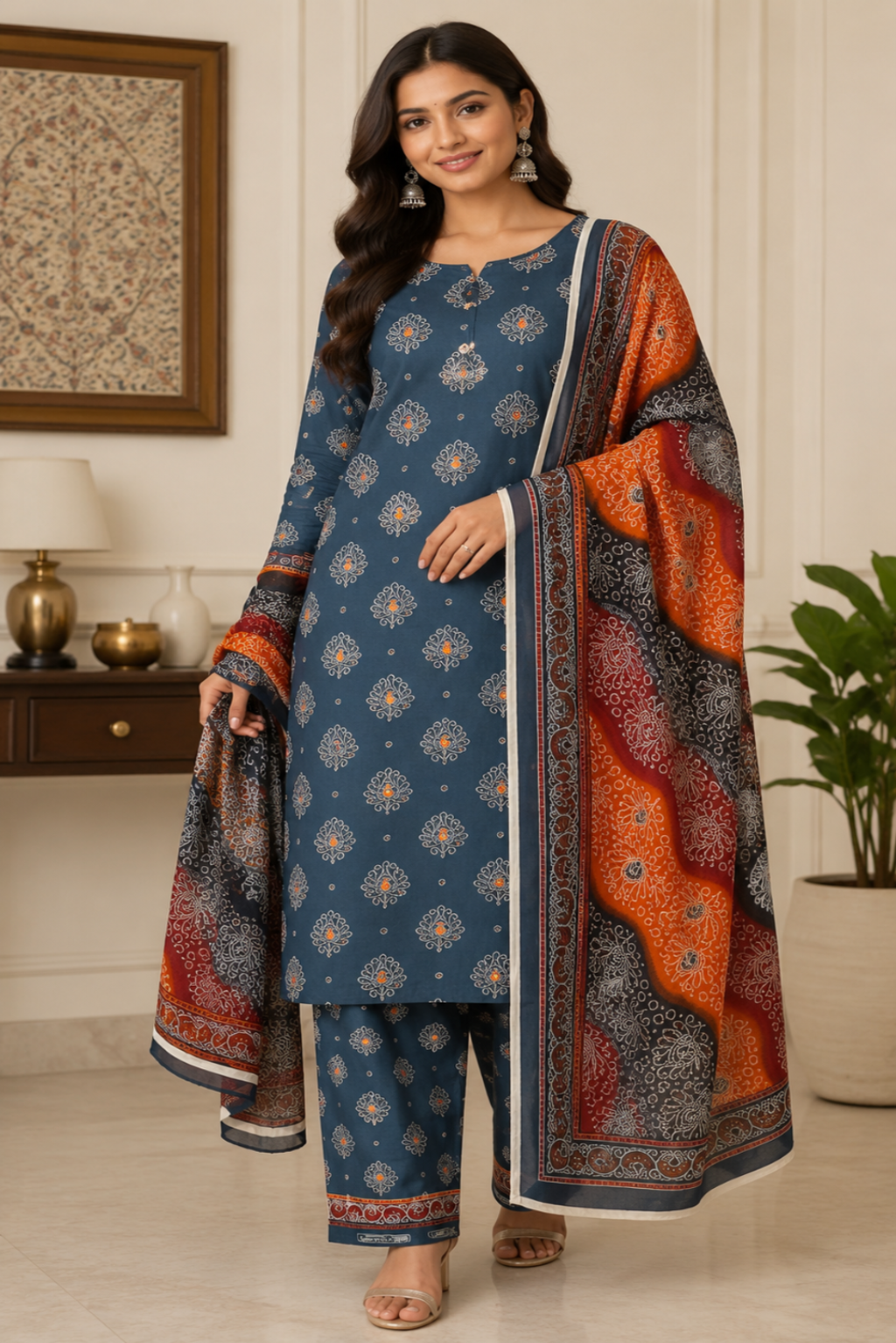 Woman wearing a blue embroidered outfit with a patterned dupatta in a room setting
