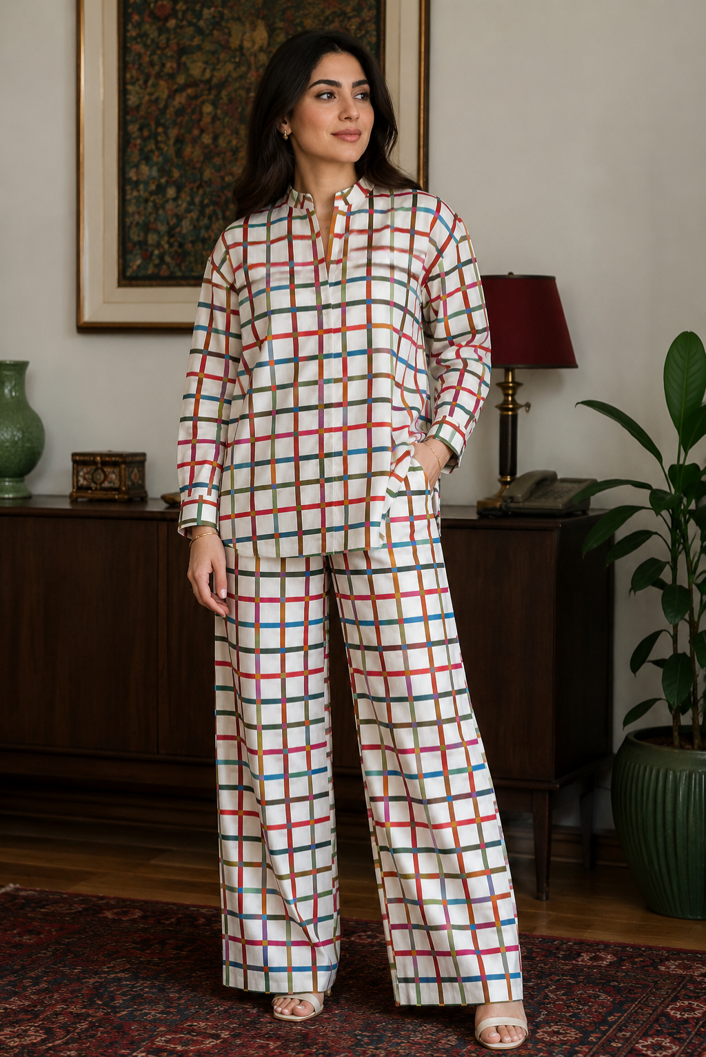 Woman wearing a checkered outfit in a room with a lamp and plant.