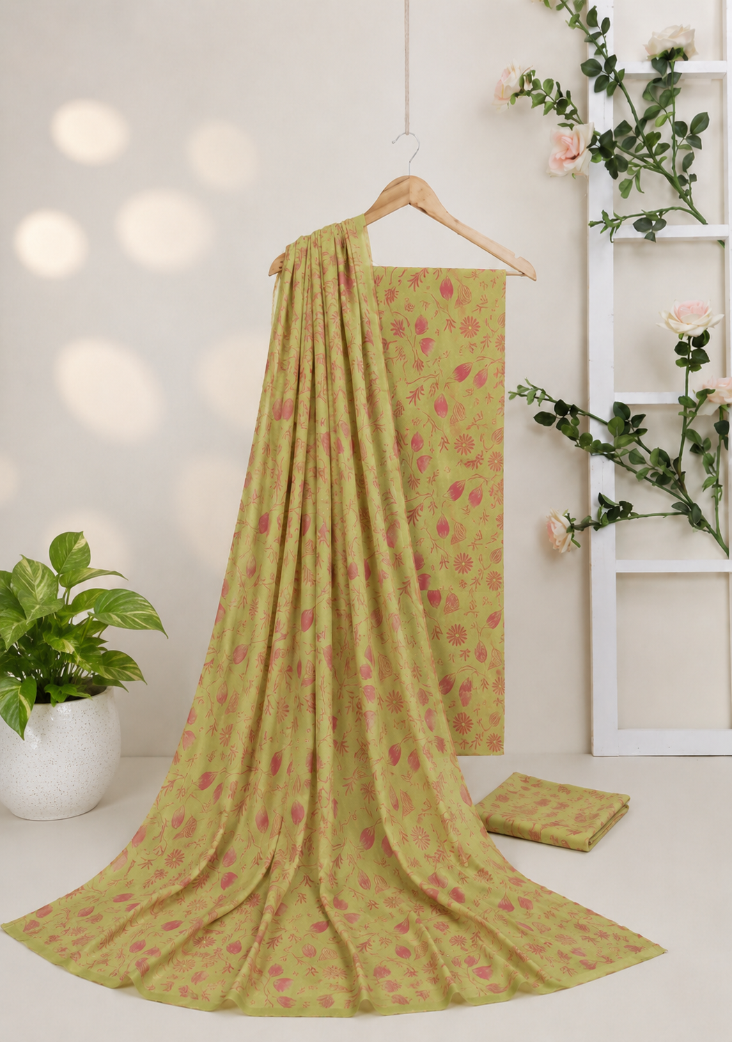 Pakistani unstitched 2 piece lawn suit with elegant pink floral motifs and botanical patterns on a pistachio green fabric for summer wear