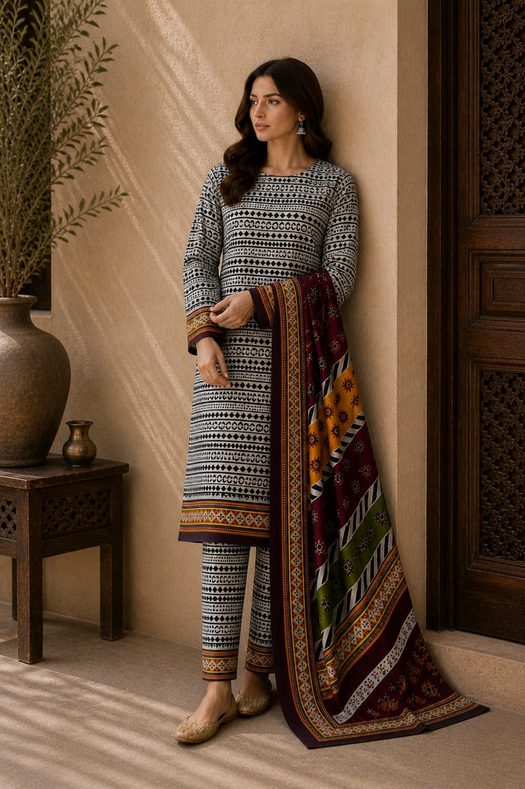 Premium Air Jet unstitched 3 piece lawn suit for women featuring elegant ethnic prints and luxury dupatta design
