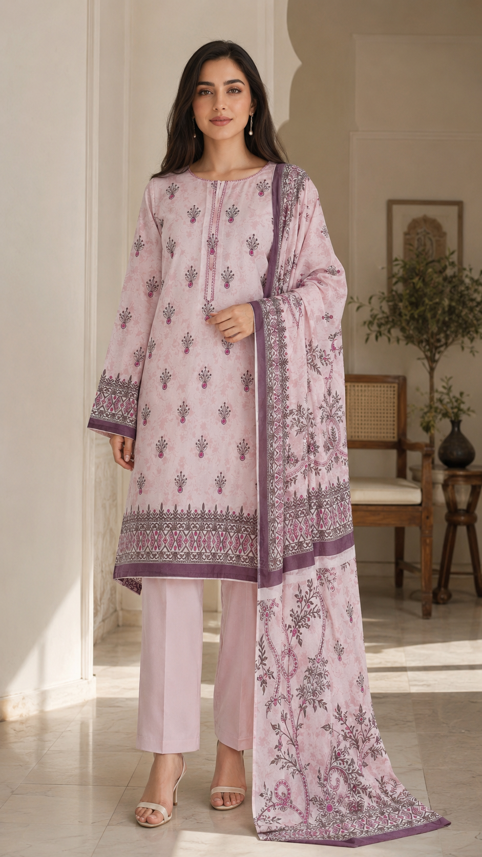 Woman wearing a light pink and purple traditional outfit in a well-lit room.