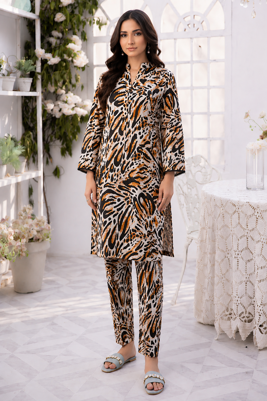 Premium unstitched lawn shirt and trouser set with elegant animal print design, stylish summer lawn suit for Pakistani women