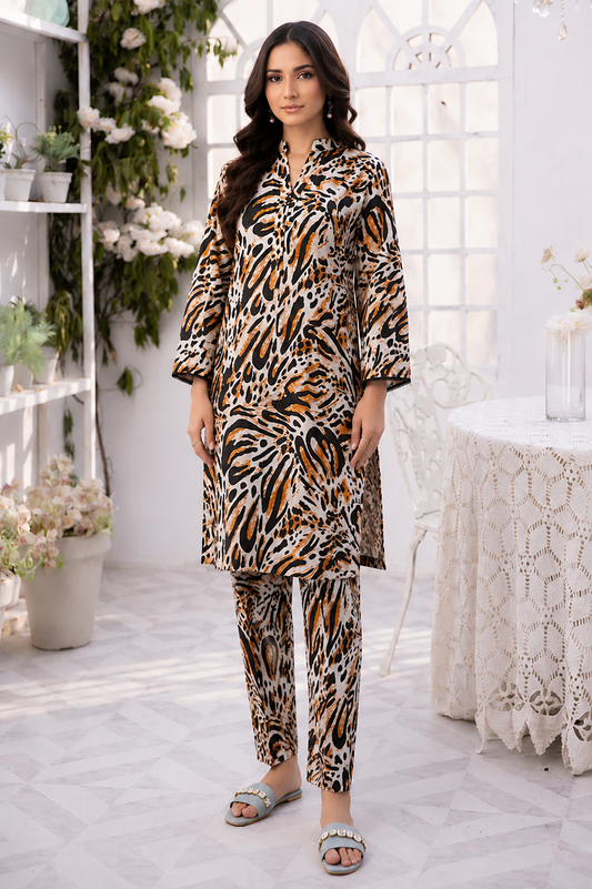 Premium unstitched lawn shirt and trouser set with elegant animal print design, stylish summer lawn suit for Pakistani women