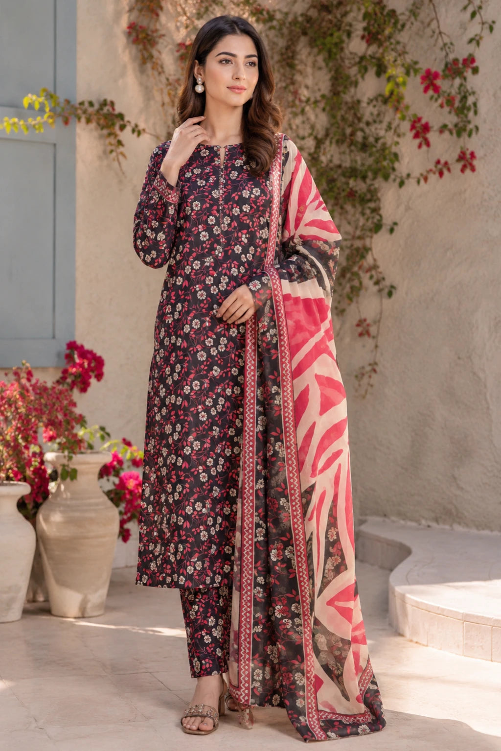 Premium black and maroon unstitched 3 piece lawn suit with chiffon dupatta for women in Pakistan by Ezel