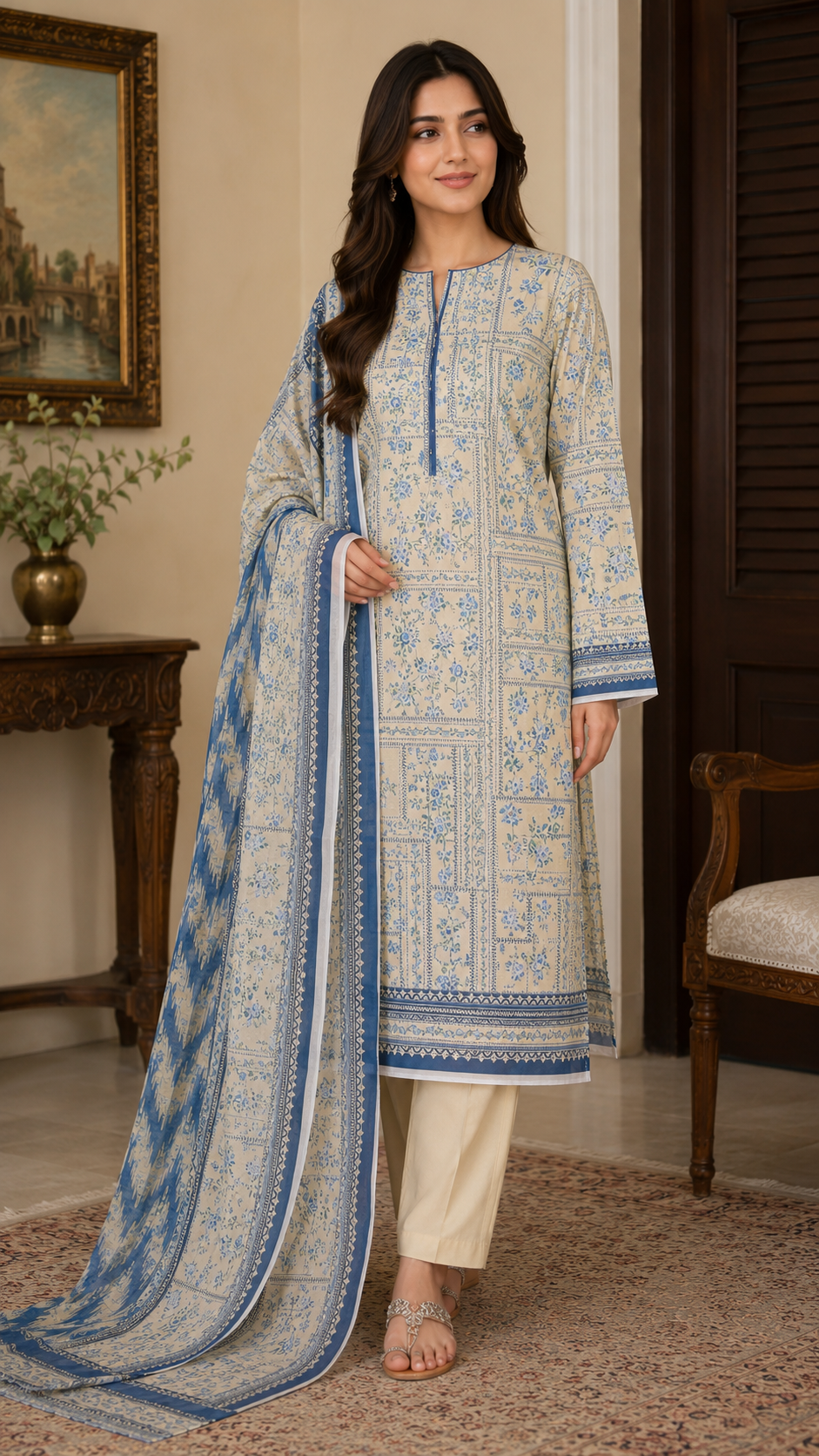 Elegant blue floral unstitched lawn suit for women with matching trouser and dupatta