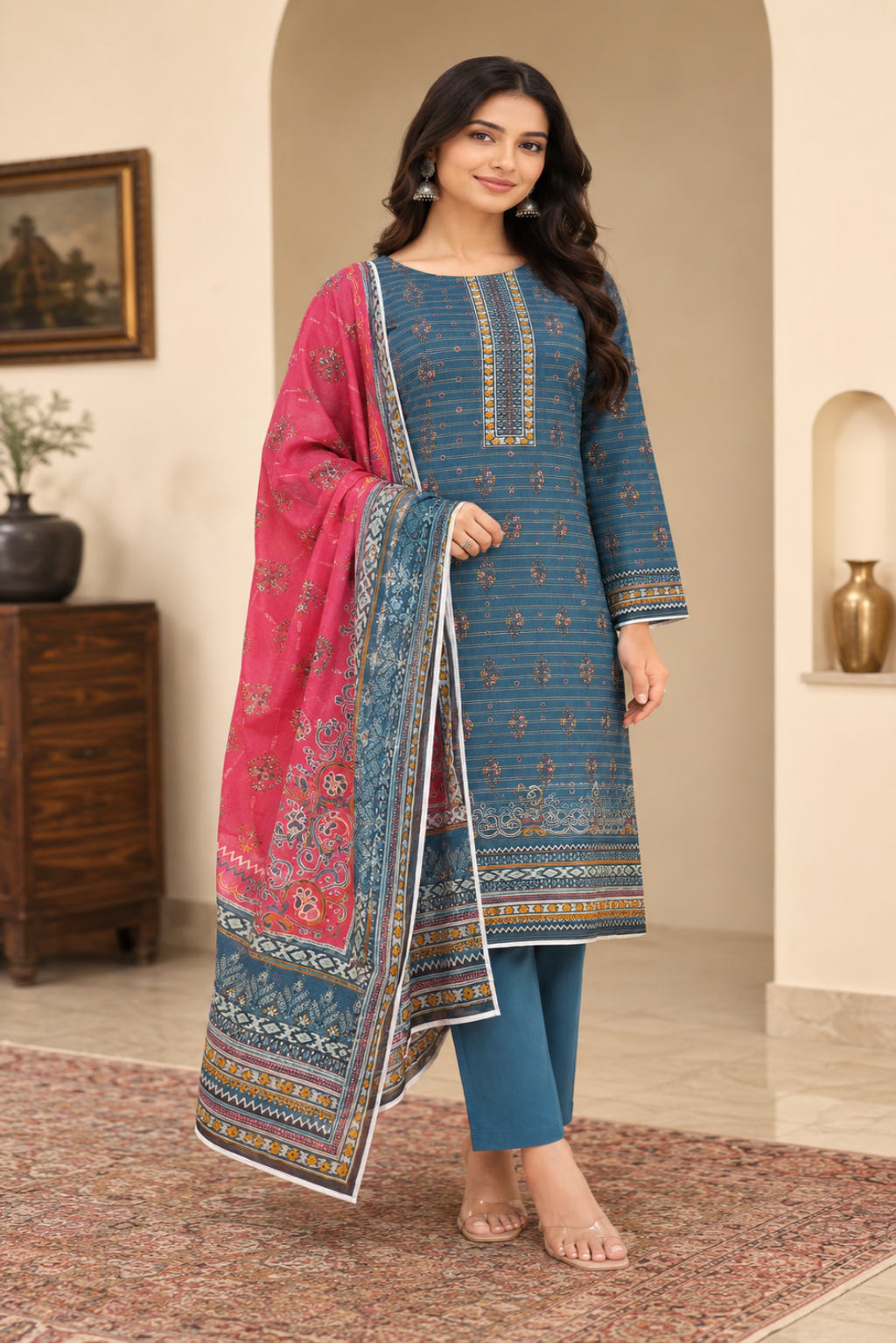Premium Pakistani unstitched blue lawn suit featuring detailed prints, matching trouser and elegant pink dupatta