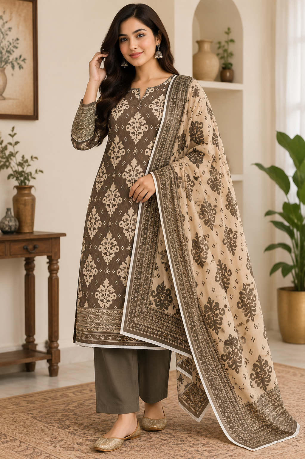 Woman wearing a traditional outfit with a patterned dupatta in a home setting.