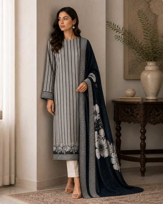 Premium designer 3 piece lawn suit for women in Pakistan with stylish striped pattern and floral dupatta