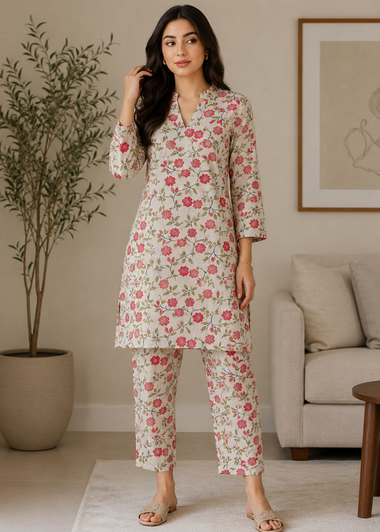 Elegant Pakistani unstitched floral lawn shirt with matching trouser