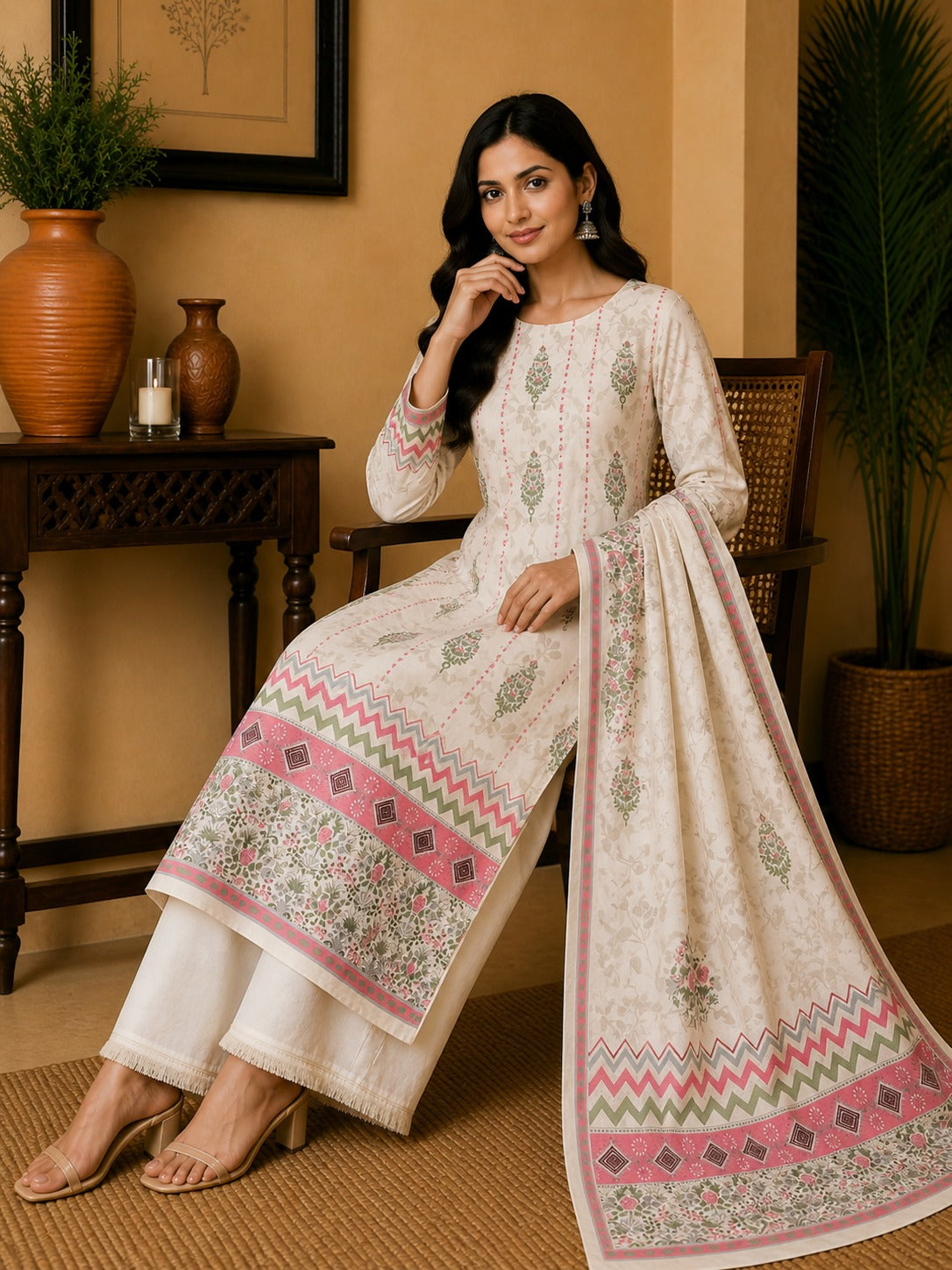 Elegant floral Pakistani unstitched lawn suit with printed dupatta for summer collection 2026
