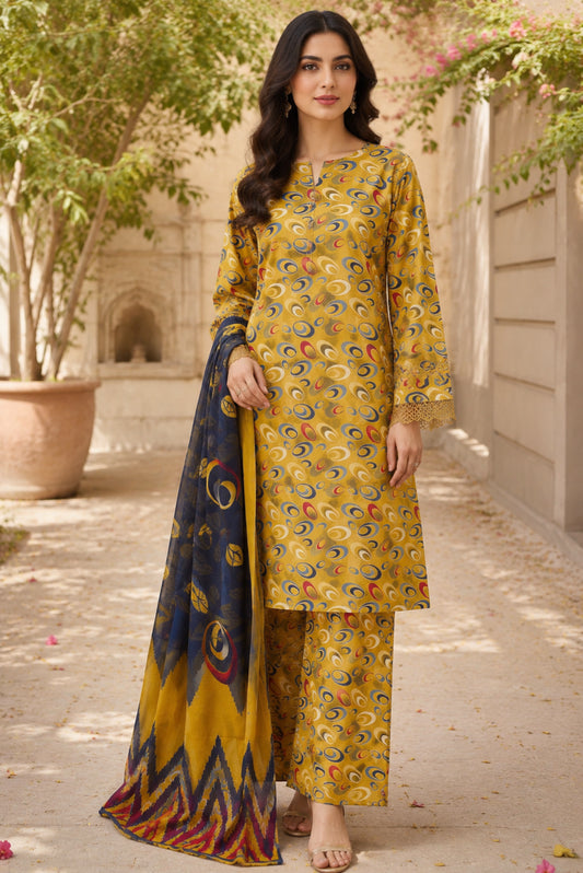 Premium mustard Pakistani unstitched lawn suit featuring printed shirt, matching trouser and elegant pure chiffon dupatta
