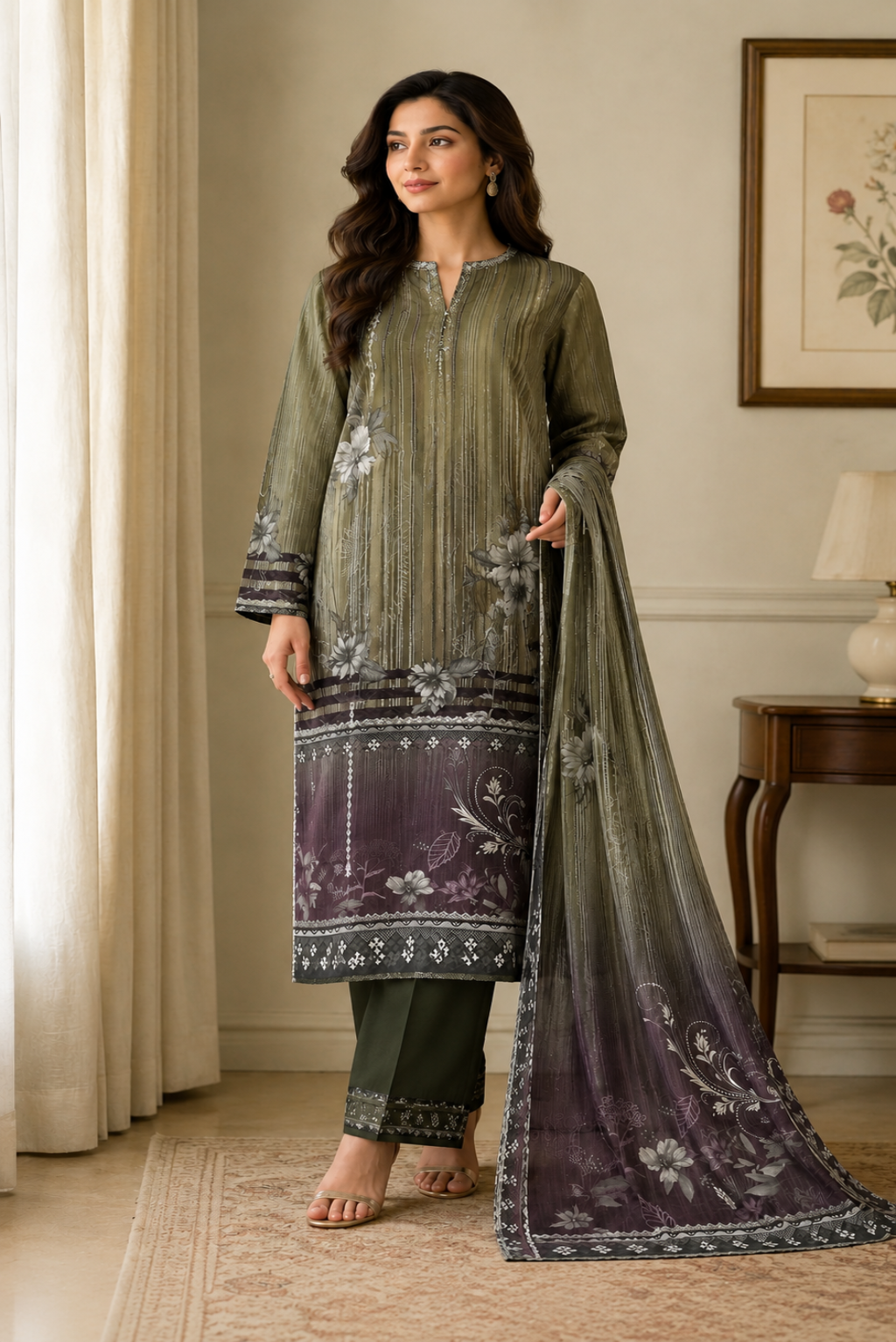 Premium olive floral Pakistani lawn suit featuring printed shirt, dyed trouser and stylish floral dupatta for summer wear.