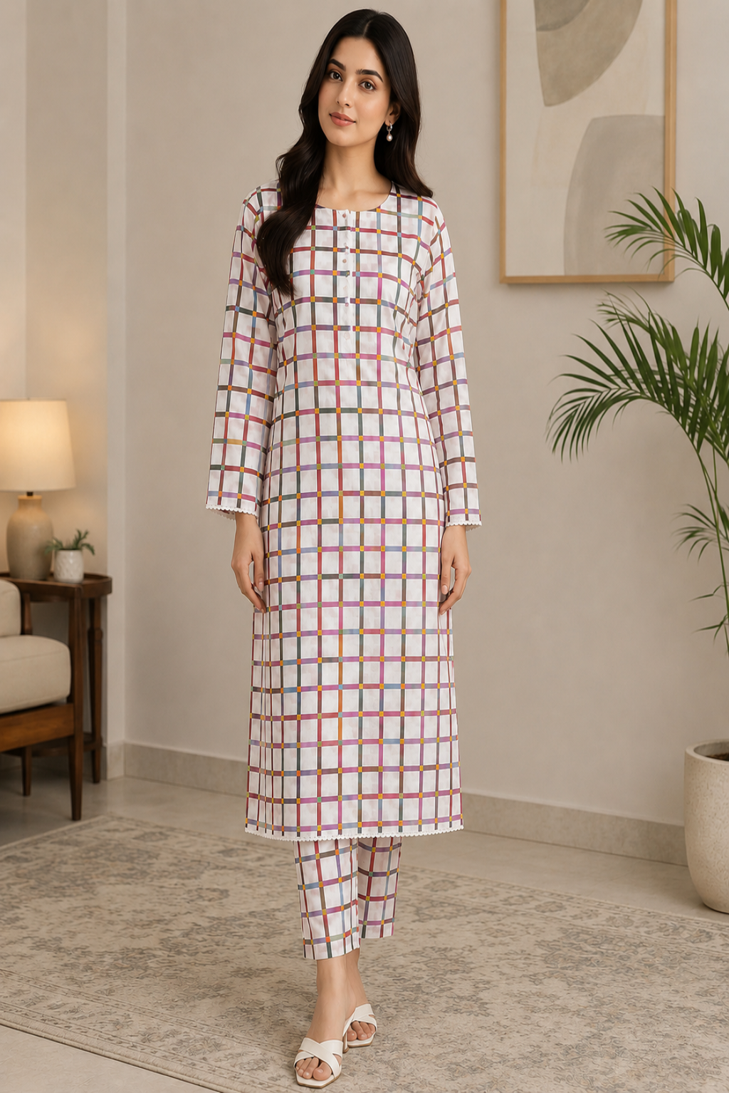 Premium unstitched 2 piece lawn suit with stylish pastel checked pattern, breathable lawn fabric, and matching printed trouser