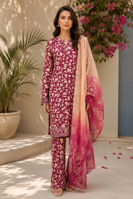 Premium plum Pakistani unstitched lawn suit featuring floral shirt, matching trouser and pure chiffon dupatta.