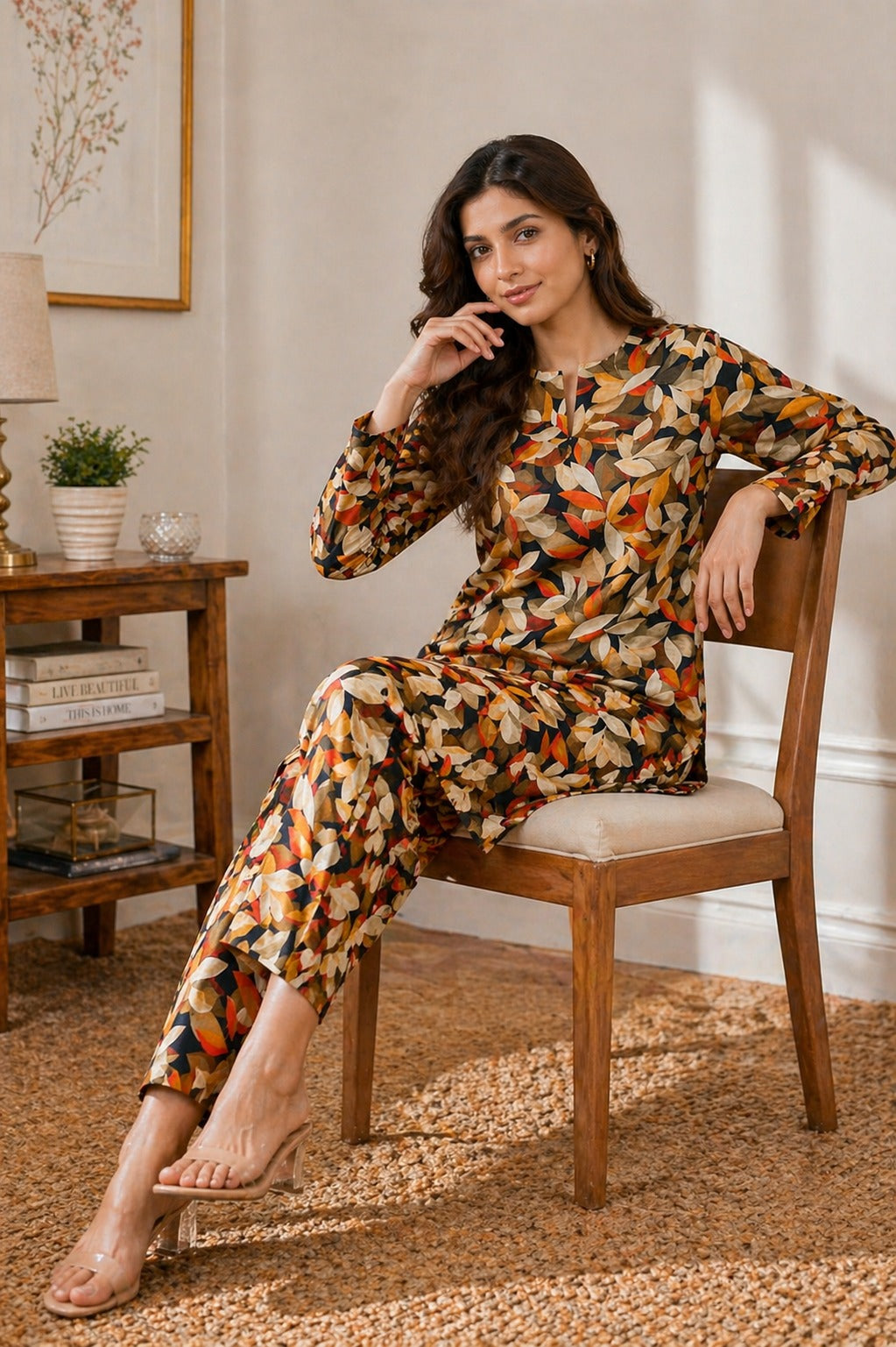 Stylish brown and beige printed Pakistani lawn shirt with matching trouser in soft breathable summer fabric