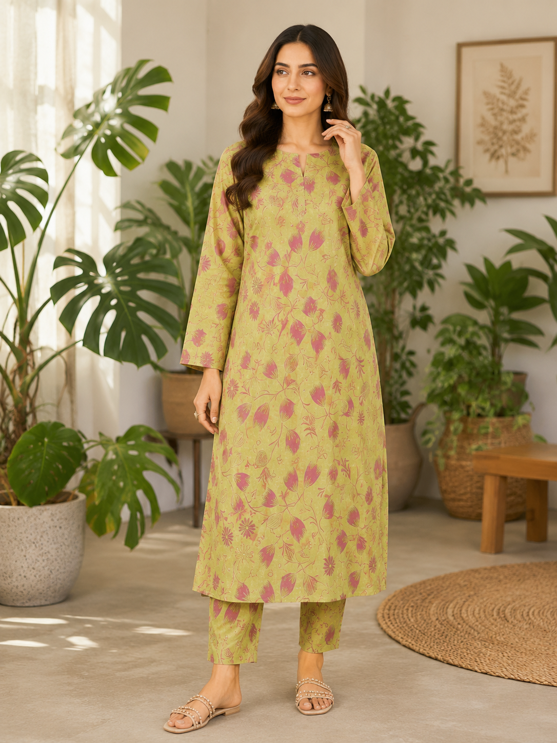 Premium quality unstitched lawn shirt and trouser set with trendy floral print design in pink and green colour combination for women