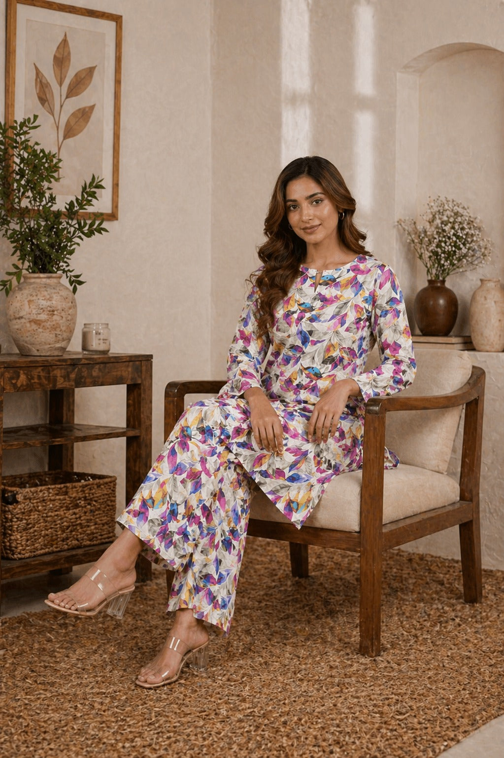 Elegant Pakistani unstitched lawn suit with colorful abstract floral print and matching trouser