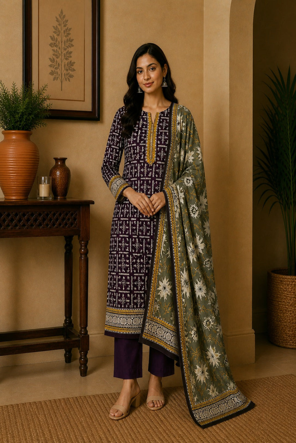 Elegant printed unstitched lawn suit with matching trouser and floral dupatta summer collection Pakistan