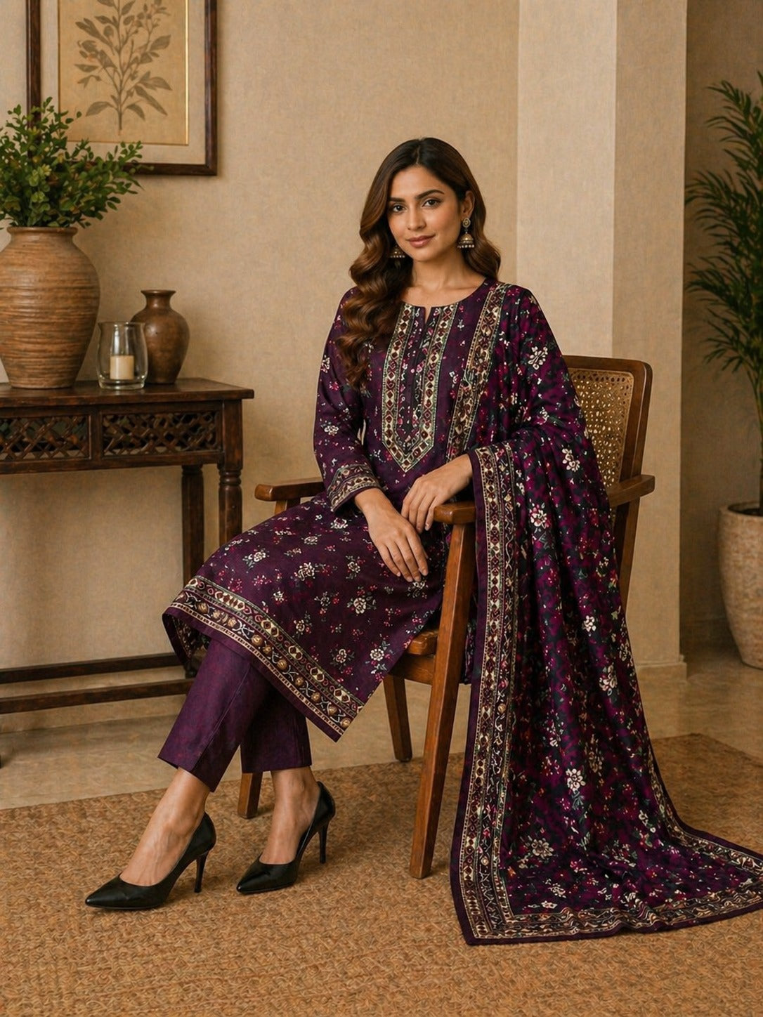 Premium purple floral Pakistani unstitched lawn suit with printed dupatta and stylish summer design