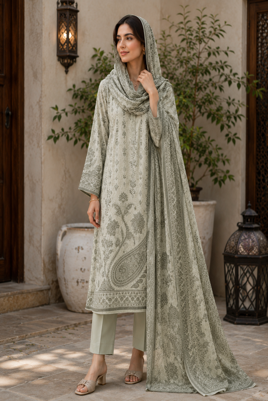 Woman wearing a light green embroidered outfit with a matching dupatta in an outdoor setting.