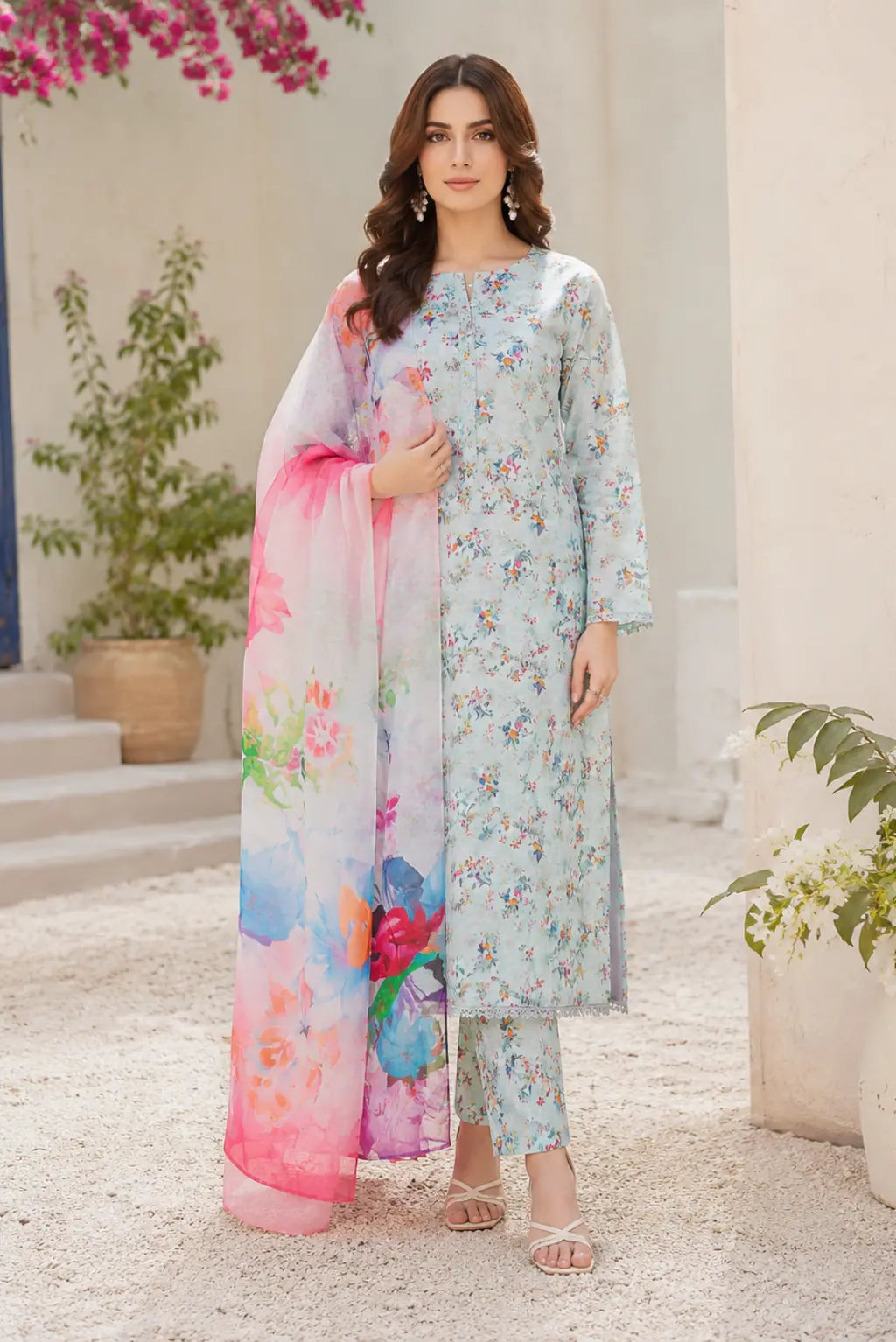 Premium sky blue floral unstitched 3 piece lawn suit featuring chiffon dupatta for Pakistani summer fashion