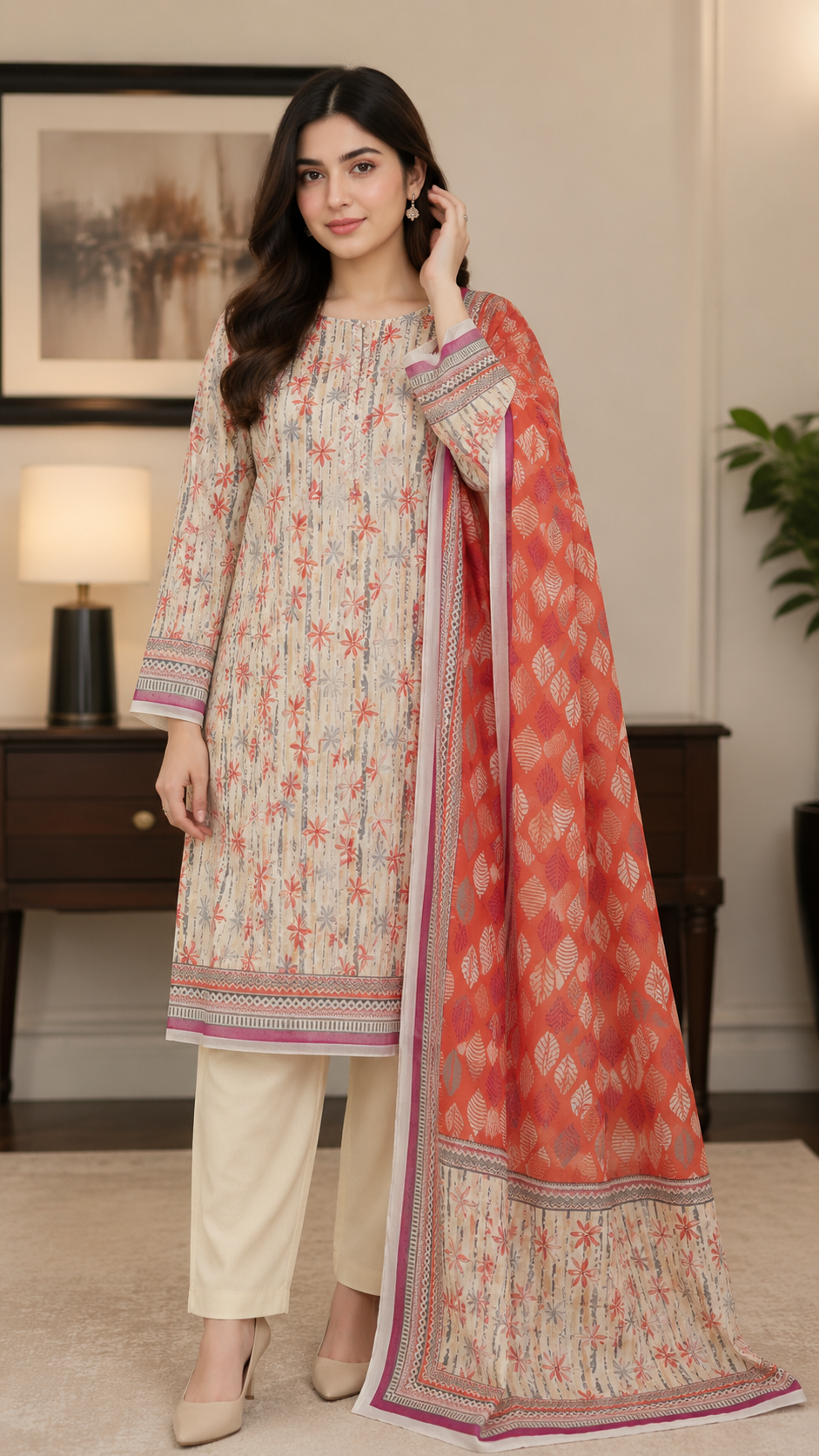 Stylish unstitched premium 3 piece lawn suit for women featuring floral shirt and vibrant dupatta