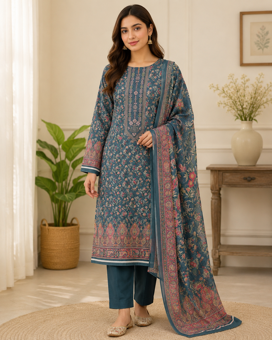 Elegant teal floral unstitched lawn suit for women with printed dupatta and premium lawn fabric
