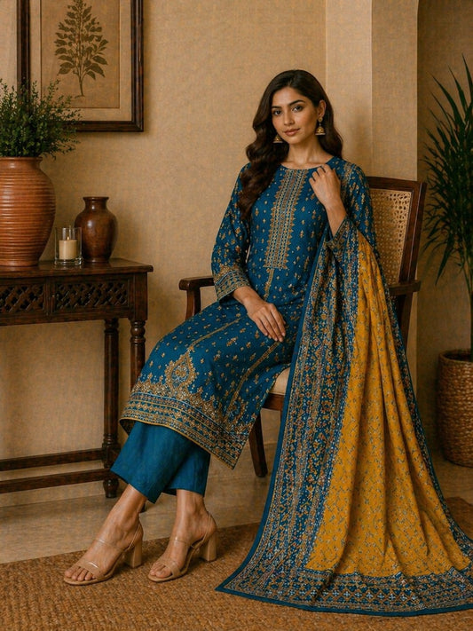 Elegant teal Pakistani lawn suit for women featuring ethnic print shirt and mustard dupatta