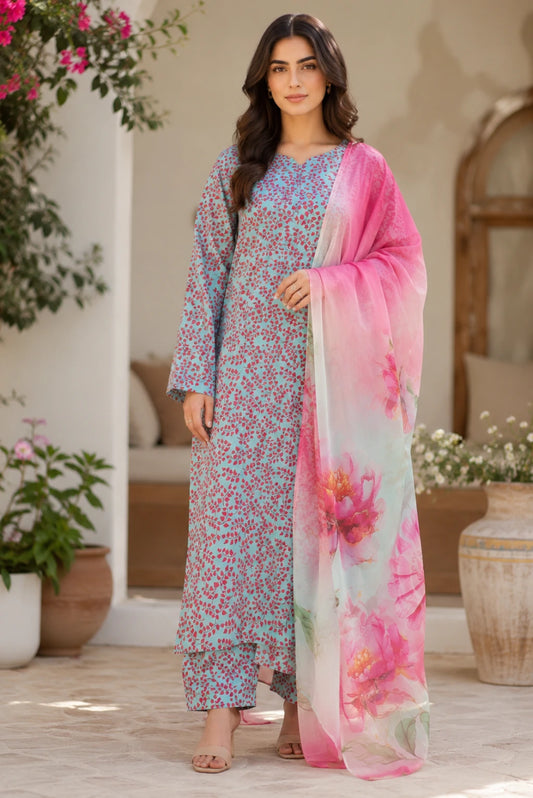 Premium turquoise and pink unstitched 3 piece lawn suit featuring printed shirt, matching trouser and chiffon dupatta