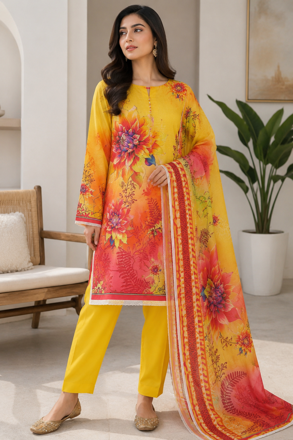 Woman wearing a bright yellow and floral dress with a matching dupatta in a well-lit room.
