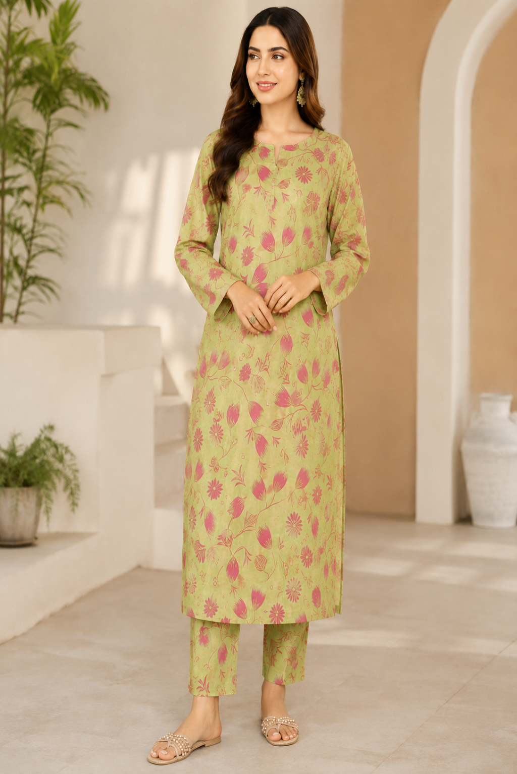 Rosy Meadow Bloom unstitched 2 piece premium lawn suit featuring pink floral botanical prints on a soft pistachio green base with matching printed trouser