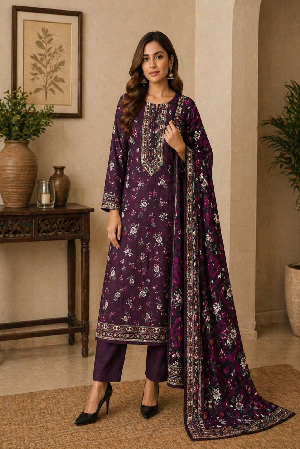 Royal plum unstitched 3 piece Pakistani lawn suit with floral print shirt, matching trouser and elegant dupatta