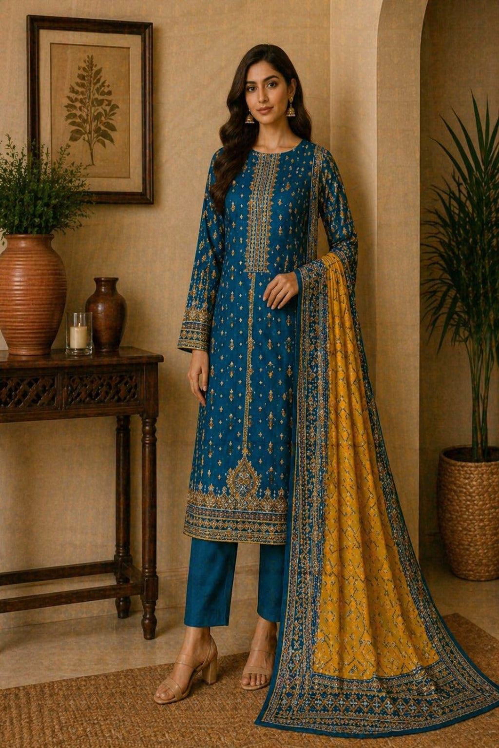 Royal teal and mustard unstitched premium 3 piece Pakistani lawn suit with printed dupatta and matching trouser