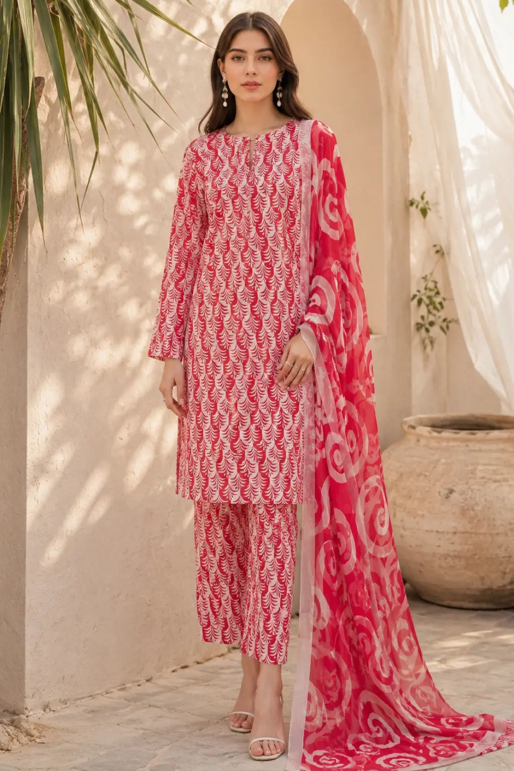 Ruby Blossom unstitched 3 piece premium lawn suit with pure chiffon dupatta in elegant ruby pink floral print for women
