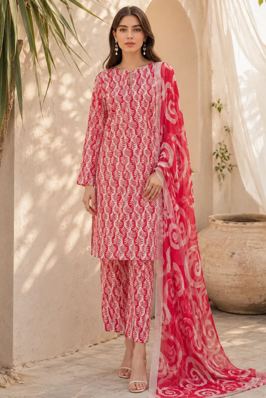 Ruby Blossom unstitched 3 piece premium lawn suit with pure chiffon dupatta in elegant ruby pink floral print for women