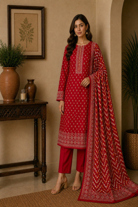 Ruby crimson unstitched Pakistani 3 piece premium lawn suit with printed dupatta and matching trouser for women