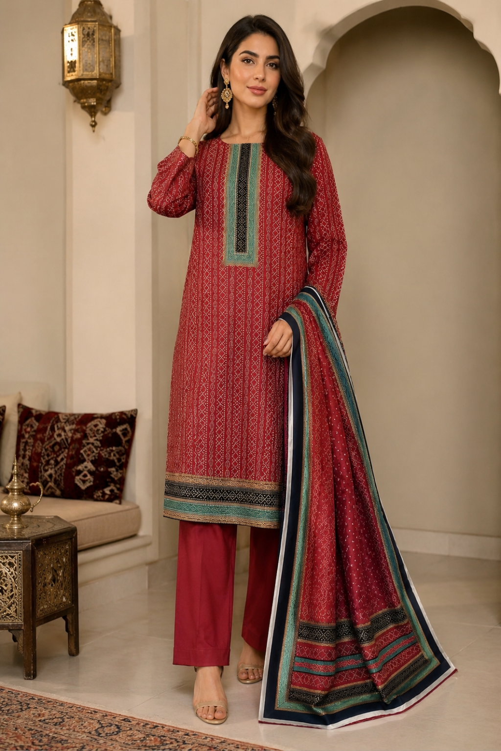 Women ruby pink printed 3 piece lawn suit with teal dupatta Pakistan