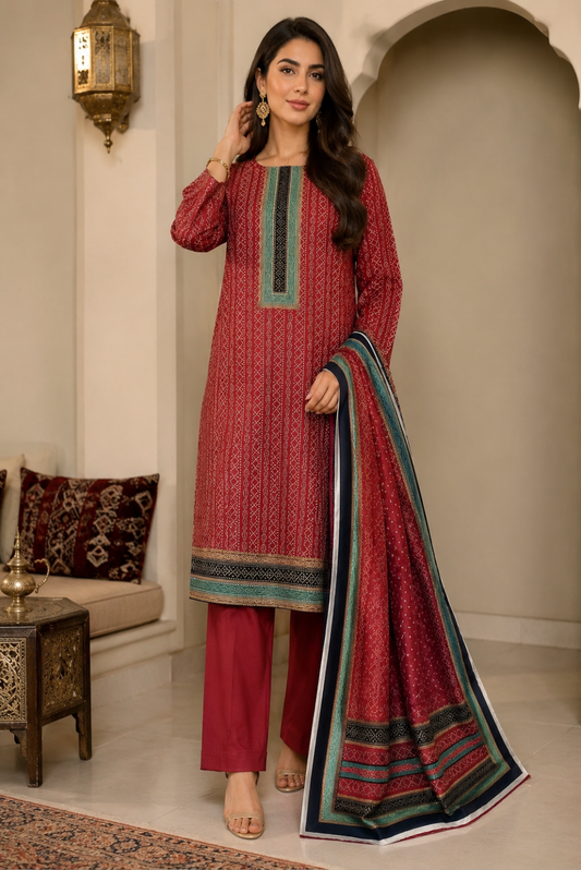 Women ruby pink printed 3 piece lawn suit with teal dupatta Pakistan